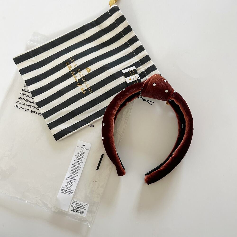 Lele Sadoughi Kids Crystal Velvet Knotted Headband NEW Dust Bag Cedar Brown
